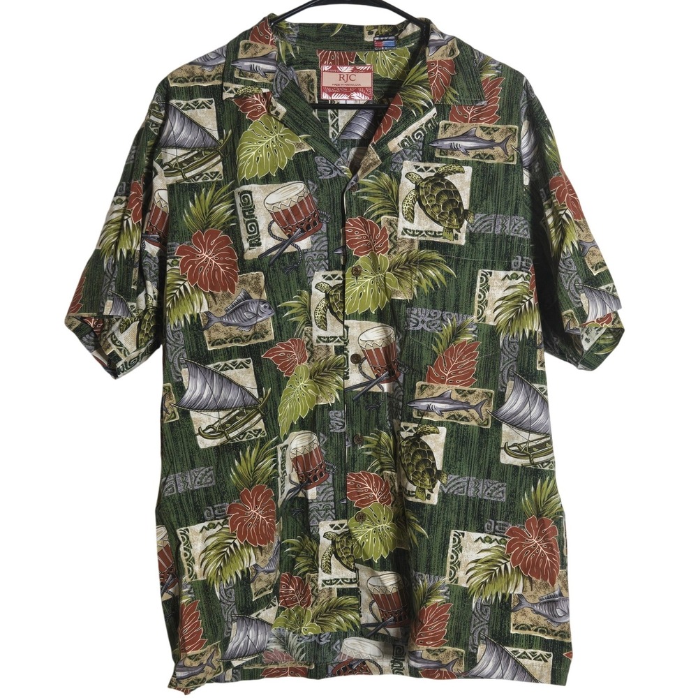 RJC Mens Hawaiian Shirt Large Turtle Shark Tropical Cruise Vacation Summer Luau‎